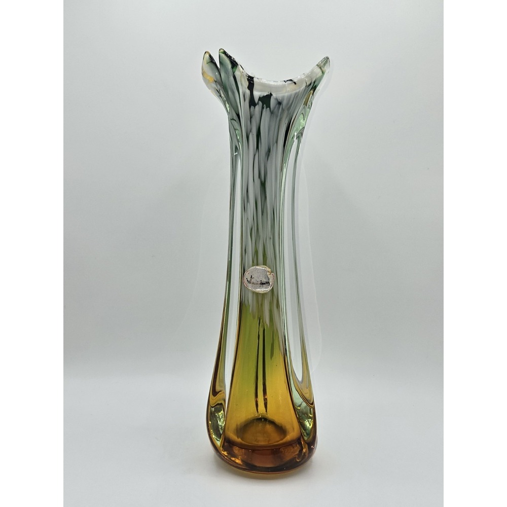 Murano‎ Art Glass Vase JICO Jordan Imports Sommerso Green Amber Lattimo 12.75"